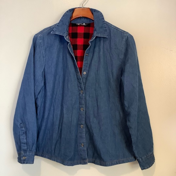 Riders Women's Blue Button Up Buffalo Plaid Fleece Lining Size Med Cotton Shirt - Picture 5 of 8